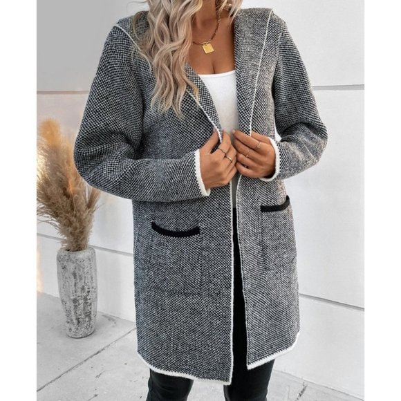 Pocketed Hooded Black Binding detailed knit sweater Cardigan - Picture 5 of 7